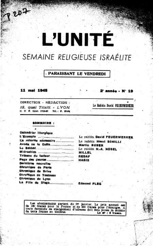 L'Unité : Semaine religieuse israélite. 2ème Année N° 19 (11 mai 1945)